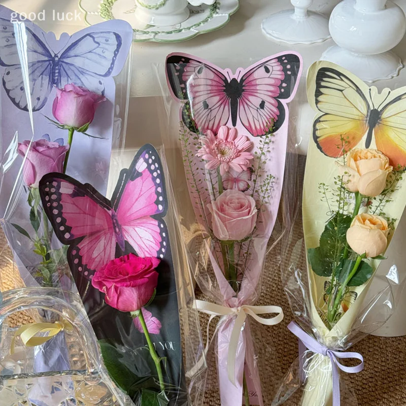 10Pcs Valentine Day Butterfly Flower Wrapping Paper Card Insertion Flower Packaging Bag Transparent Single Rose Packaging Bag