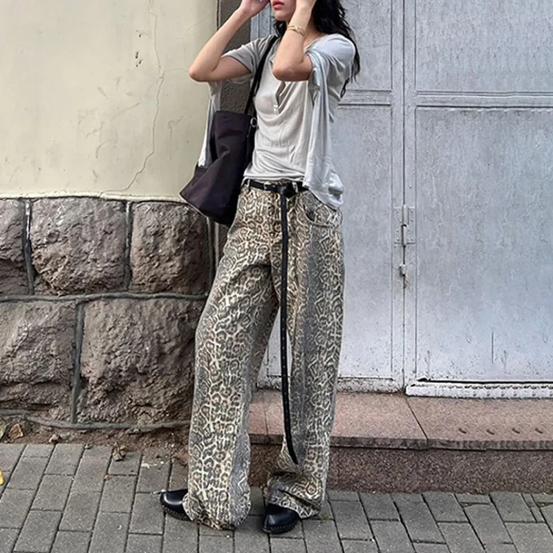 

Leopard Print Jeans For Women&Men Wash Y2K Vintage Loose Vibe Style Casual Chic High Waist Wide Leg Pants Jeans