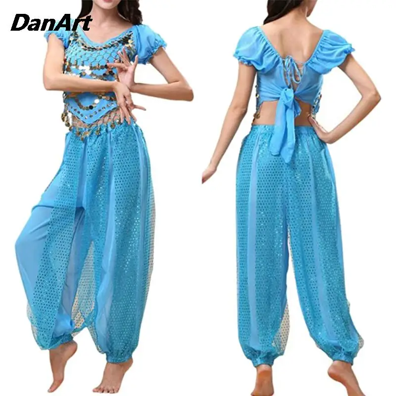 Ladies Belly Dance Costume Set Oriental Indian Dance Arabic Halloween Goddess Costumes Stage Performance Dance CostumesTop+Pants