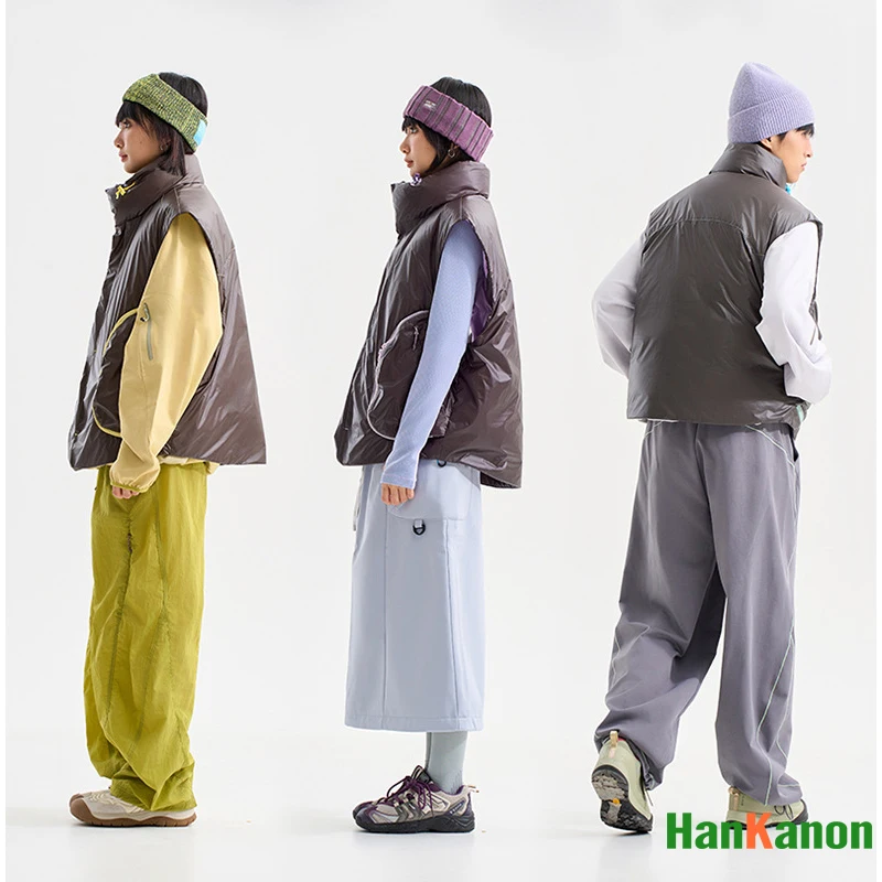 Winter White Duck Down Unisex Vest - Retro Color-Blocked Down Gilet Youth Fashion Pocket Design Style