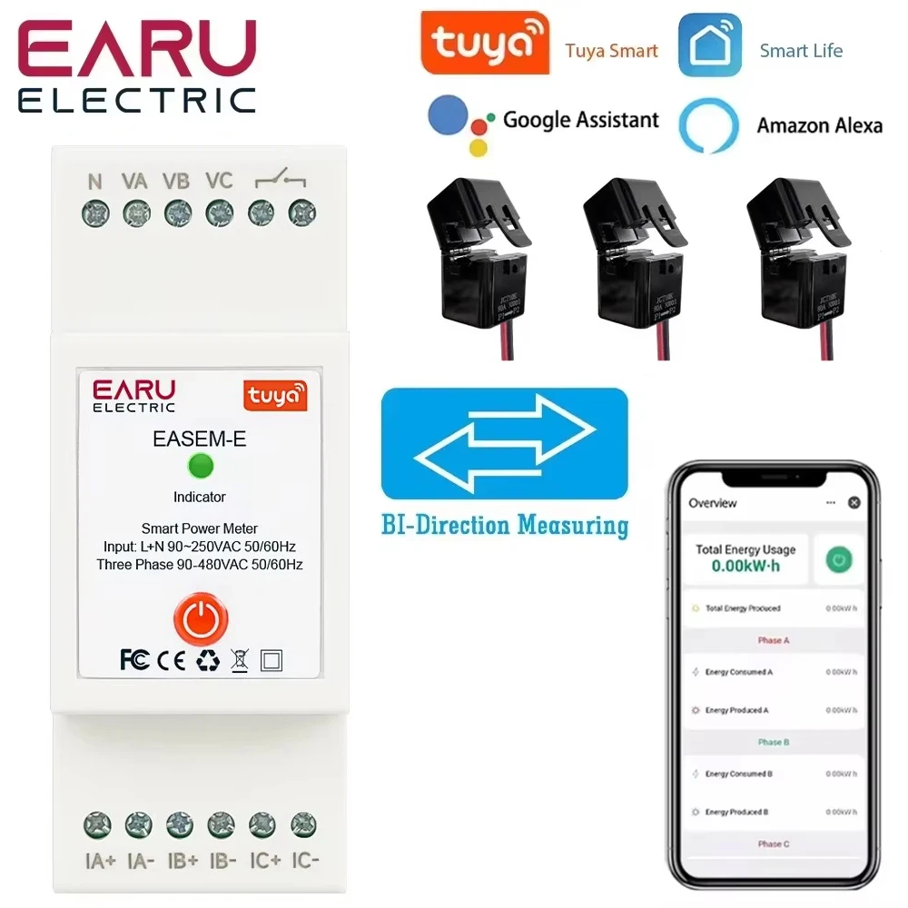 Tuya WiFi Smart Three Phase AC90-480V Bi-Directional Measurement Power Energy kWh Meter Monitor with 3Pcs CT Clamps Switch Relay