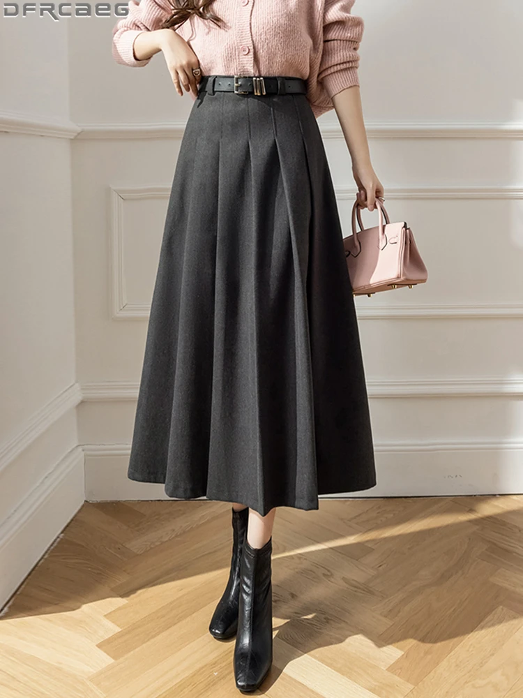 Vintage High Waist Pleated Wool Skirt Woman Elegant Korean Winter Long Maxi Skirts For Women Belt Black Brown Gray Jupe Femme