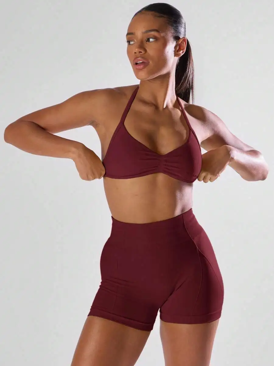 Musera Sport Solid Ruched Bust Open Back Halter Sports Bra, Active Comfy Workout Gym Running Run Club Gym Fitness Yoga Pilates