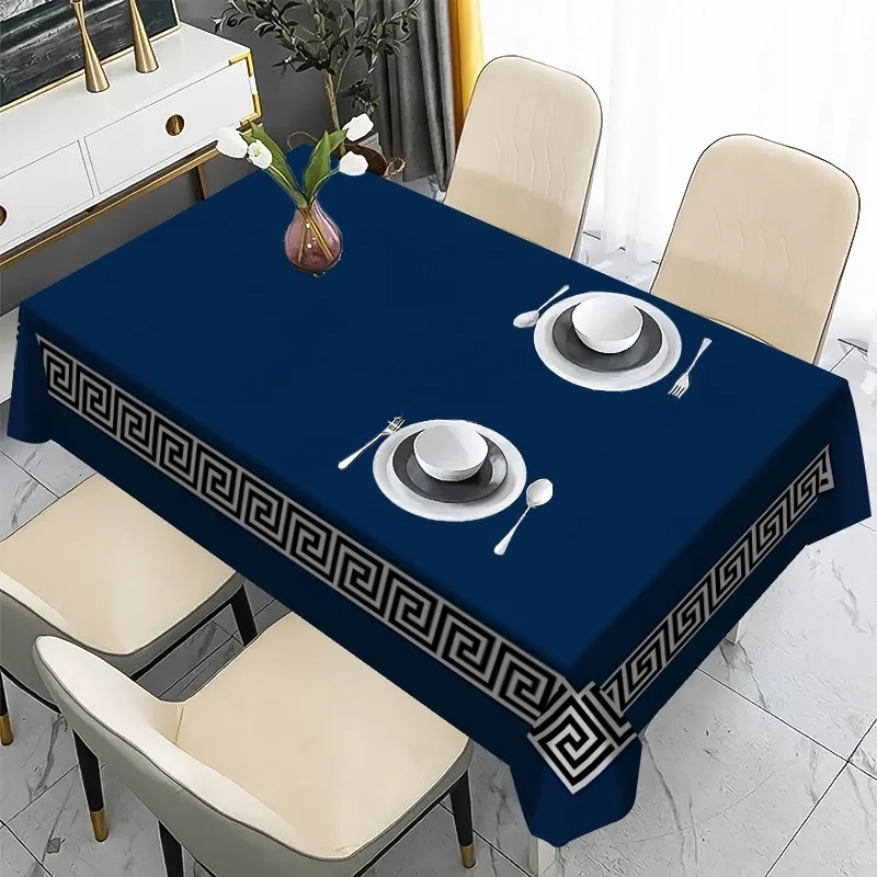 Elegant Waterproof Tablecloth Blue Greek Key Pattern Dining Room Picnic Outdoor Indoor Table Cover