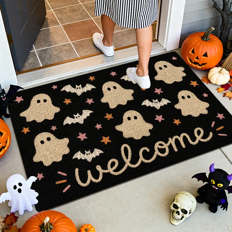 Halloween Themed Non‑Slip Doormat, Boo Ghost Pumpkin Black Cat Rug, Practical Entry Mat for Front Porch Indoor Outdoor Home