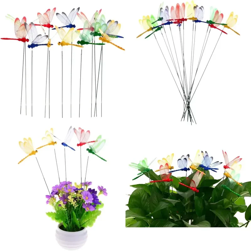 24 Piece 3D Dragonfly Garden Stake Multicolor PVC Metal 25cm Outdoor Yard Lawn Decorations