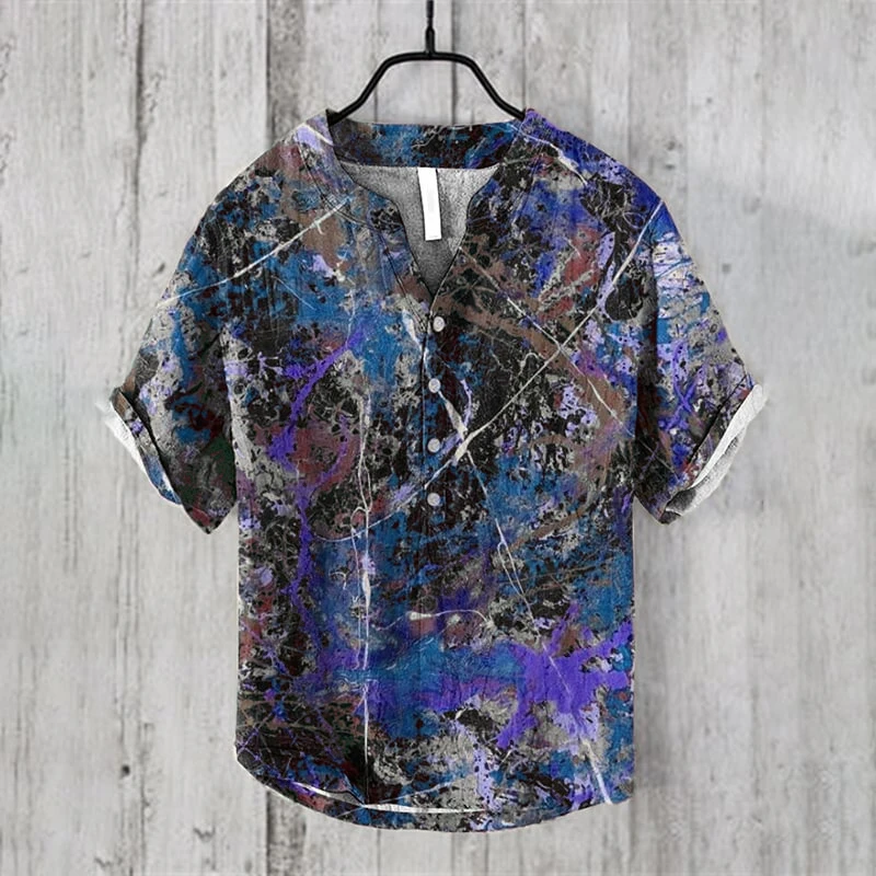 Men's tie-dye Loose Top short-sleeved V-neck Shirt Breathable Casual Fashion men's Wear