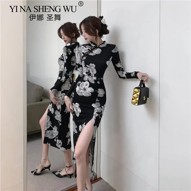 Autumn Retro Print New Improved Waist Pleat Slit Mid-length Cheongsam Dress Long Sleeve Dress Elegant Cheongsam Black Long Skirt