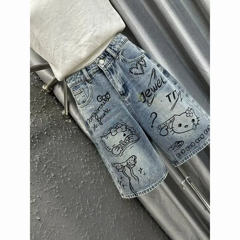 Straight-Leg Mid-Pants 2026 Summer Hello Kitty High-Waist Slim Wide-Leg Sanrio Hot Diamond Denim Five-Quarter Pants for Girls view 4