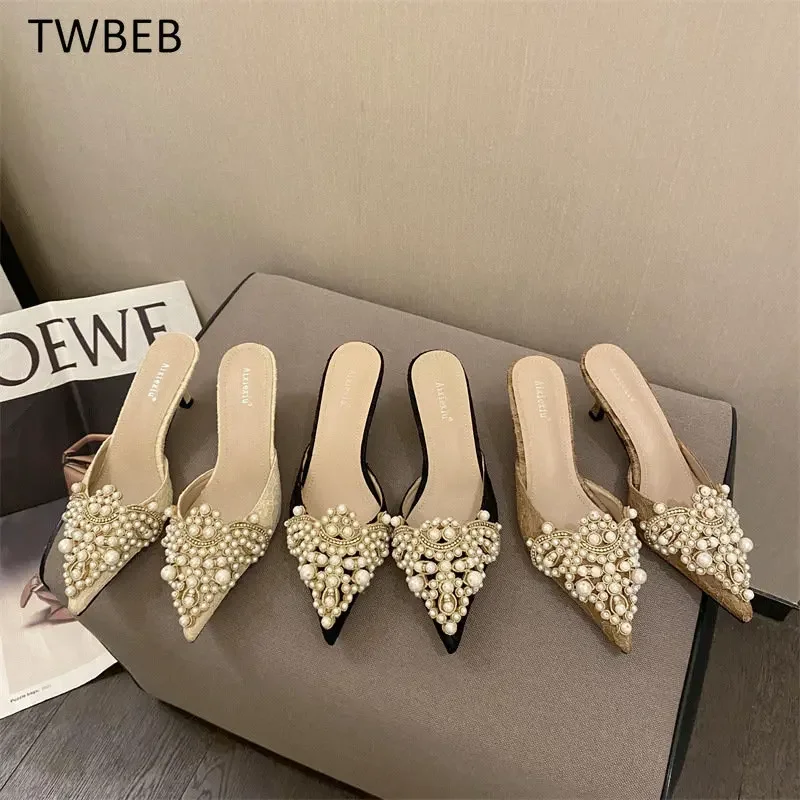 New Slippers Fashion Pointy Head Pearl Half Slippers Fine Heeled Sandals Women's Shoes 42 Yards Middle Heeled Mules Shoes