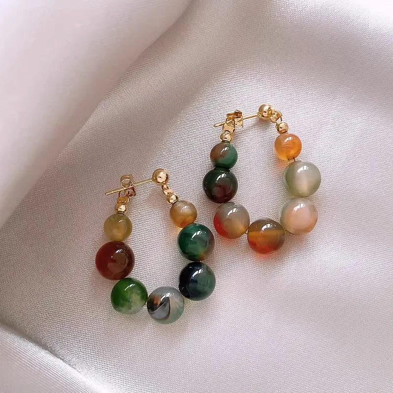 New Chinese Style Colorful Beaded Jade Earrings for Women Female High-End Temperament Earrings New Ethnic Jewelry