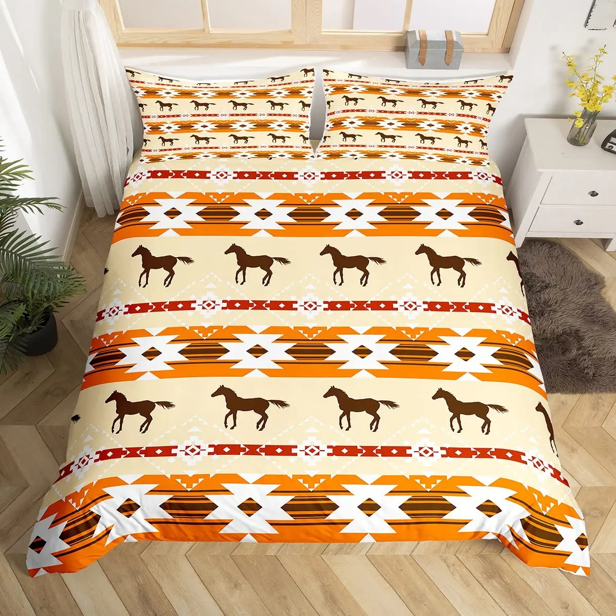 Bohemian Aztec Bedding Set Western Duvet Cover Orange Boho Exotic Comforter Cover Cowboy Cowgirl Tribal Geometric Quilt Cover