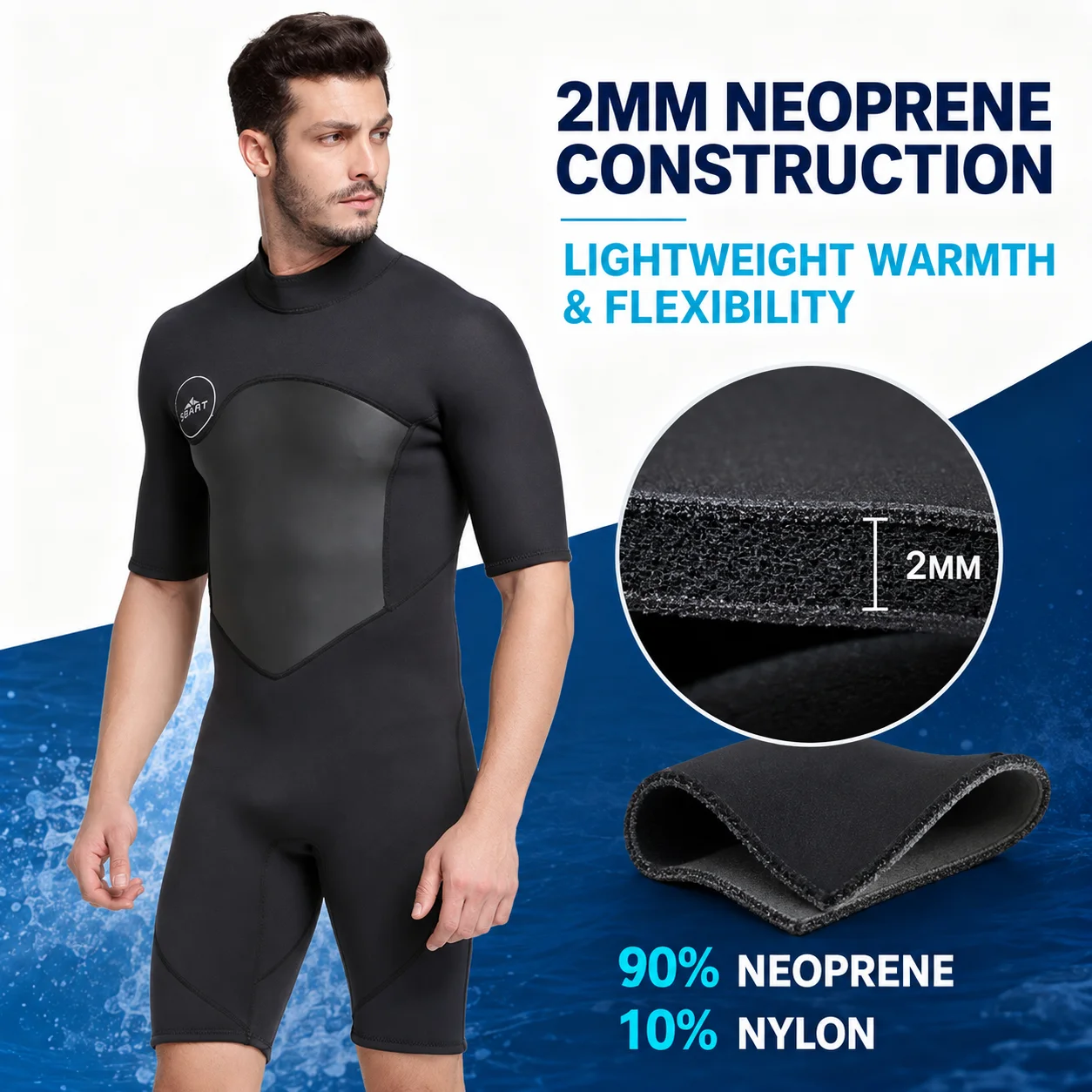 SBART Men's 2mm Neoprene Shorty Wetsuit Short Sleeve Back Zip Thermal Diving Suit for Scuba Surfing Snorkeling Swimming