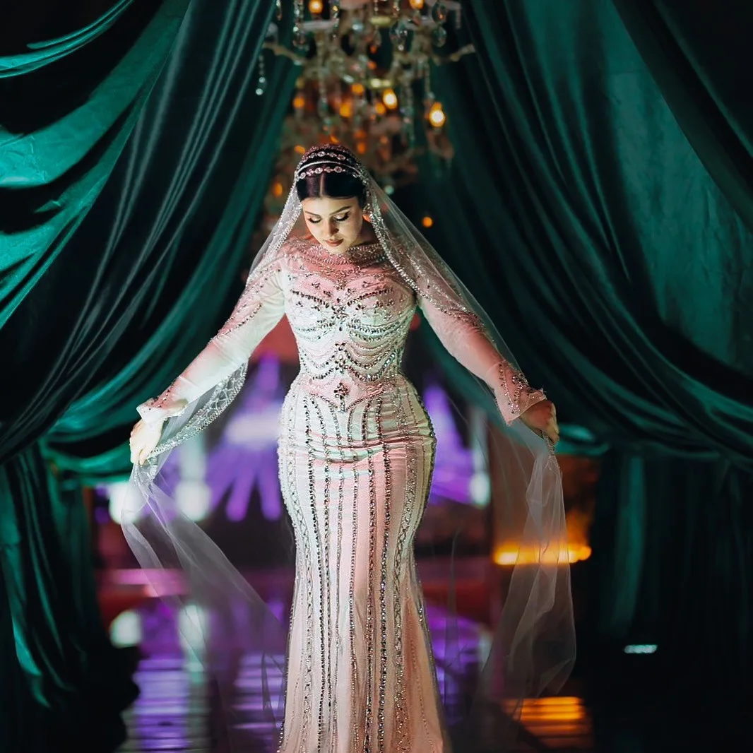 

Modern Bespoke Wedding Dresses Trumpet O-Neck Appliques Beading Bling Rhinestone Prom Gowns Vestido De Noiva Customized
