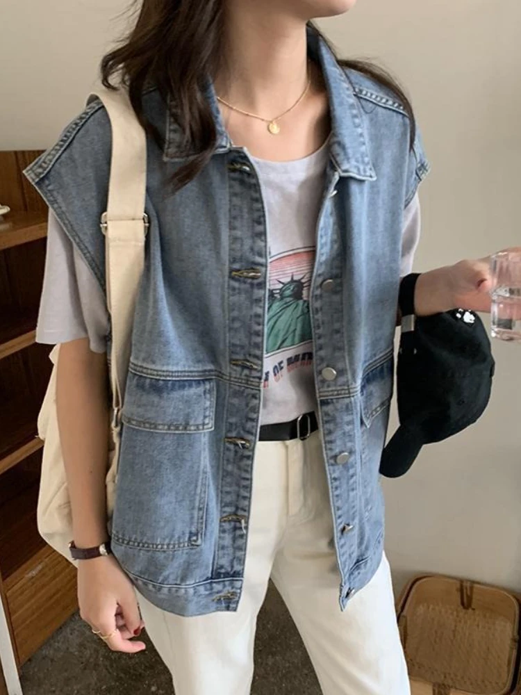 Koreanische Modeweste für Damen, Knopfverschluss, übergroße Oberteile, 2025, neu im Frühling und Sommer, ärmellose lässige Jeansjacke