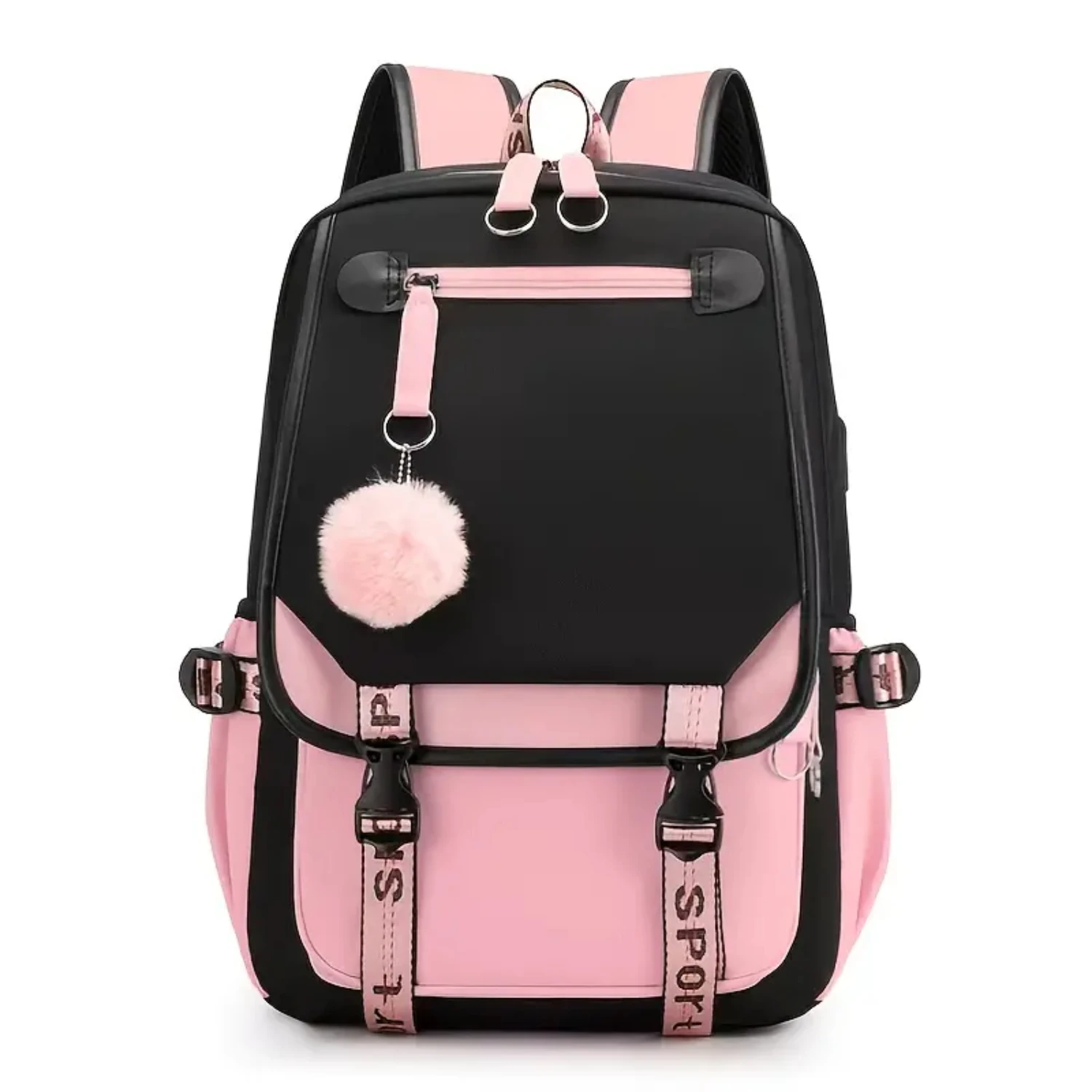 Fashionable Black and Pink Outdoor Backpack with USB Charging Port for Stylish Teenage Girls on-the-Go Adventures and Daily Comm