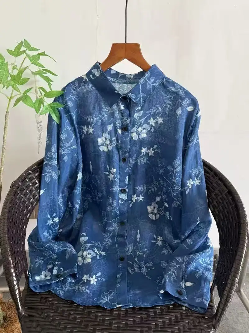 

2026 Middle aged women clothes vintage 100% ramie blue floral print shirts and blouses for women spring summer tops