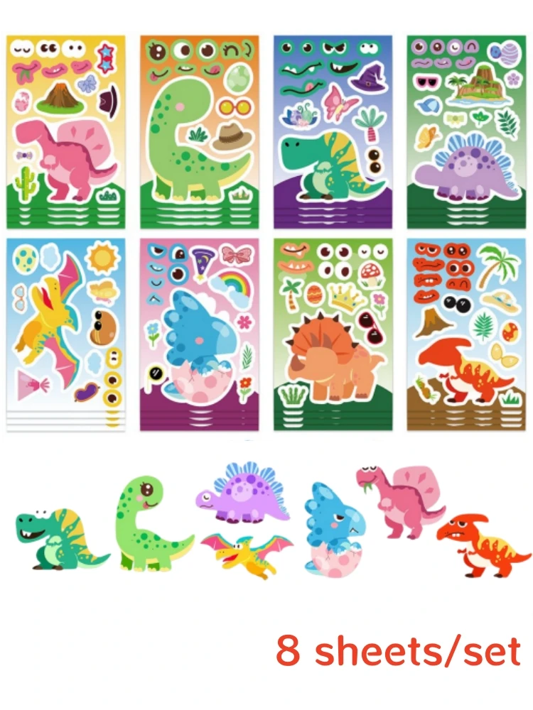 8/16/24 pièces créatif dinosaure dessin animé Collage autocollants pour bricolage jeu autocollants Animal artisanat ordinateur portable Skateboard autocollants cadeaux