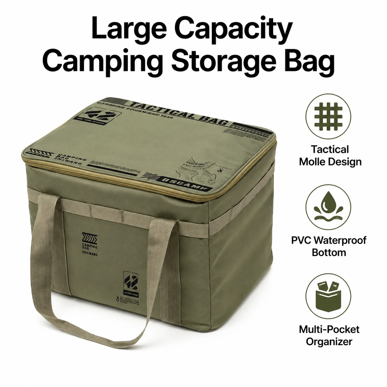 Outdoor Waterproof Tactical Bag Camping Storage Bag Large Capacity Cookware Carry Pouch with Side Mesh Pocket