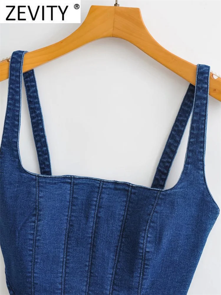 Zevity Women Sexy Blue Elastic Denim Sling Blouse Female Summer Back Zipper Slim Short Smock Shirt Chic Crop Blusas Tops LS2543