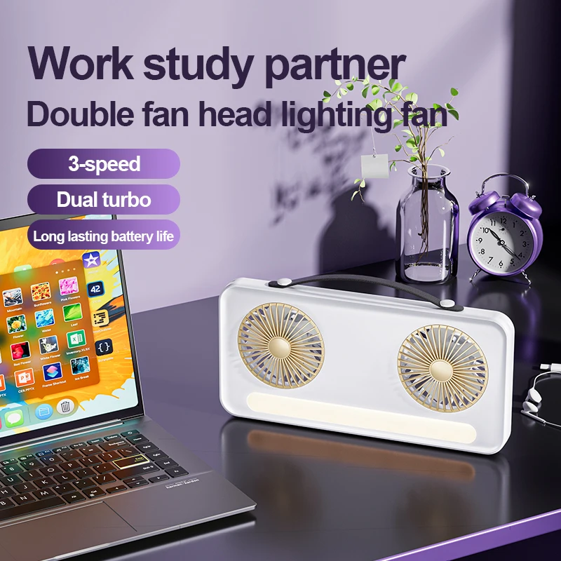 Ventilateur de bureau à éclairage LED à corps mince et Compact, bureau à vent à trois vitesses avec lanière, mural