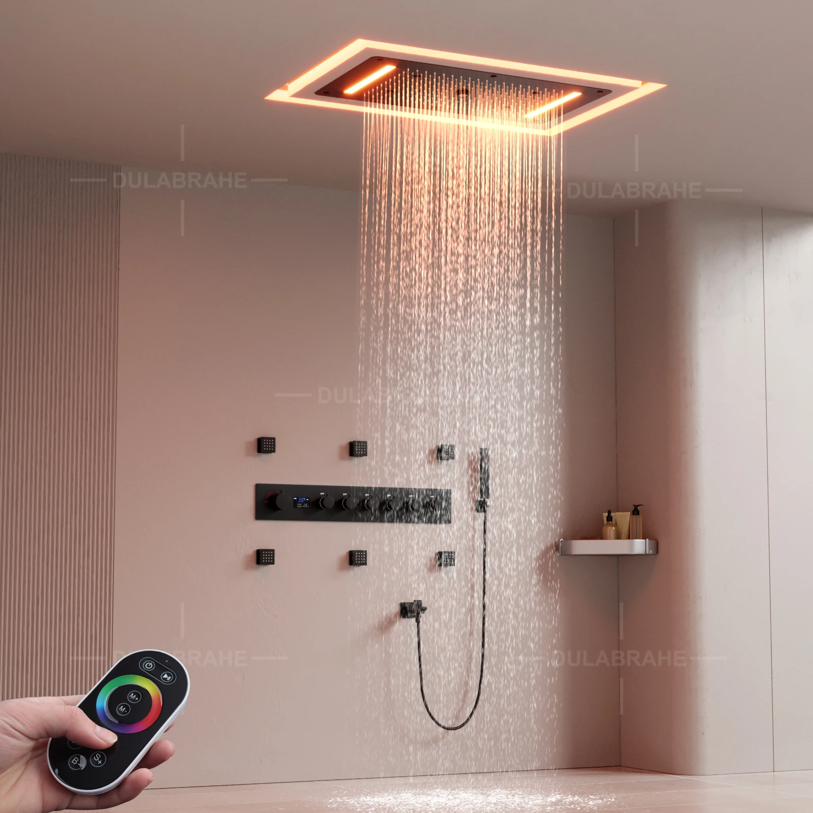 

Luxurious LED Lighting Shower System Hot and Cold Shower Faucet Bathroom 28*15inch LED Shower Head Set With Massage Body Jet