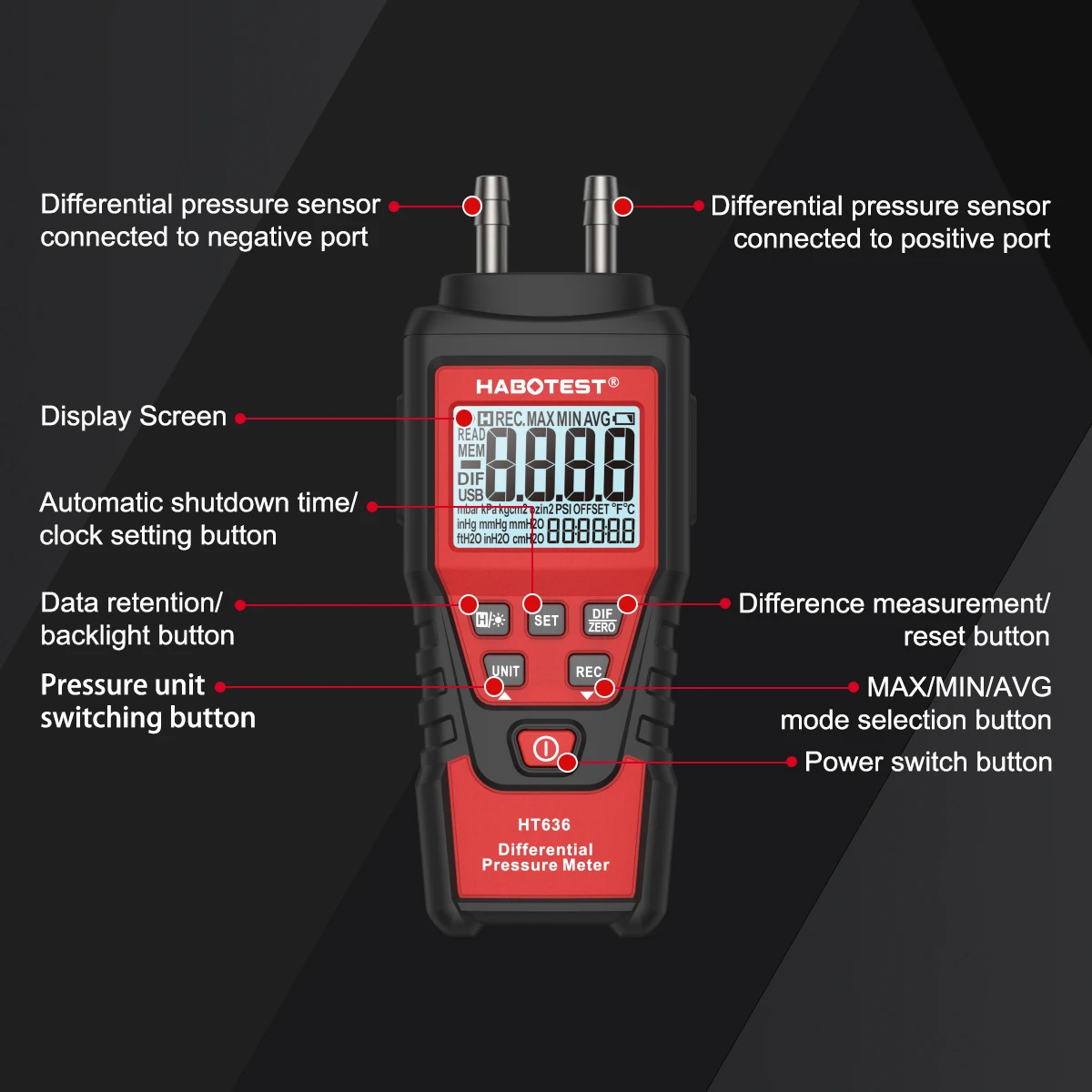 HT636 Digitales Manometer Druckmessgerät Handgehaltener Differenzdruckdetektor Luftdruck-Kit Detektor-Messgerät 12 Einheiten – Detail 6