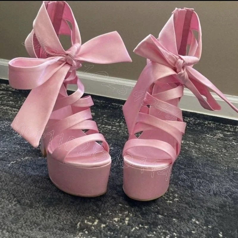 

Pink Hollow Design Bow Knot Platform Sandals Lace Up Women Shoes Thin High Heel Open Toe Party Dating 2026 Zapatos Para Mujere
