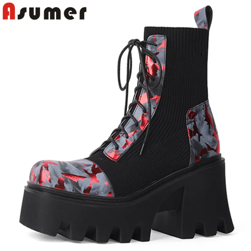 

ASUMER 2023 New Synthetic Platform Ankle Boots Female Lace Up Mixed Colors Women Boots Thick High Heels Autumn Boots