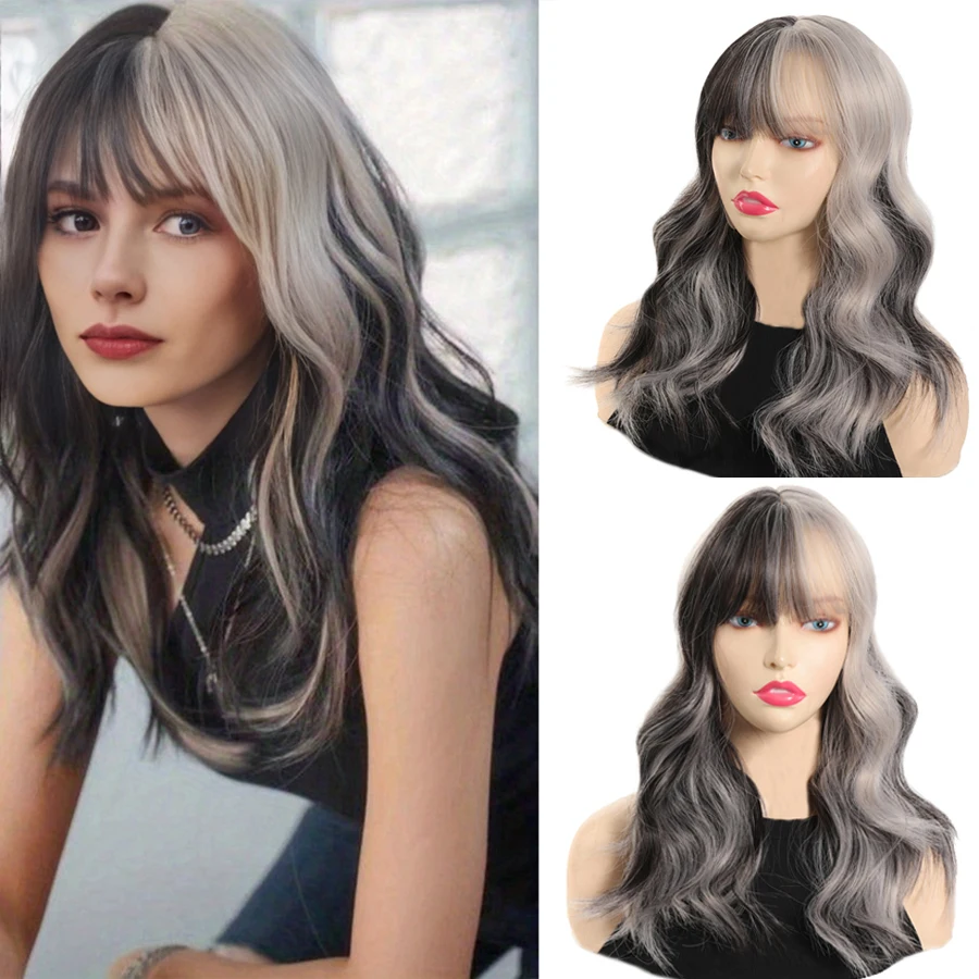 

synthetic Long water Wave Black And Gray Gradient Wigs Heat Resistant Synthetic Wigs Bangs Natural Lolita Wigs For Women