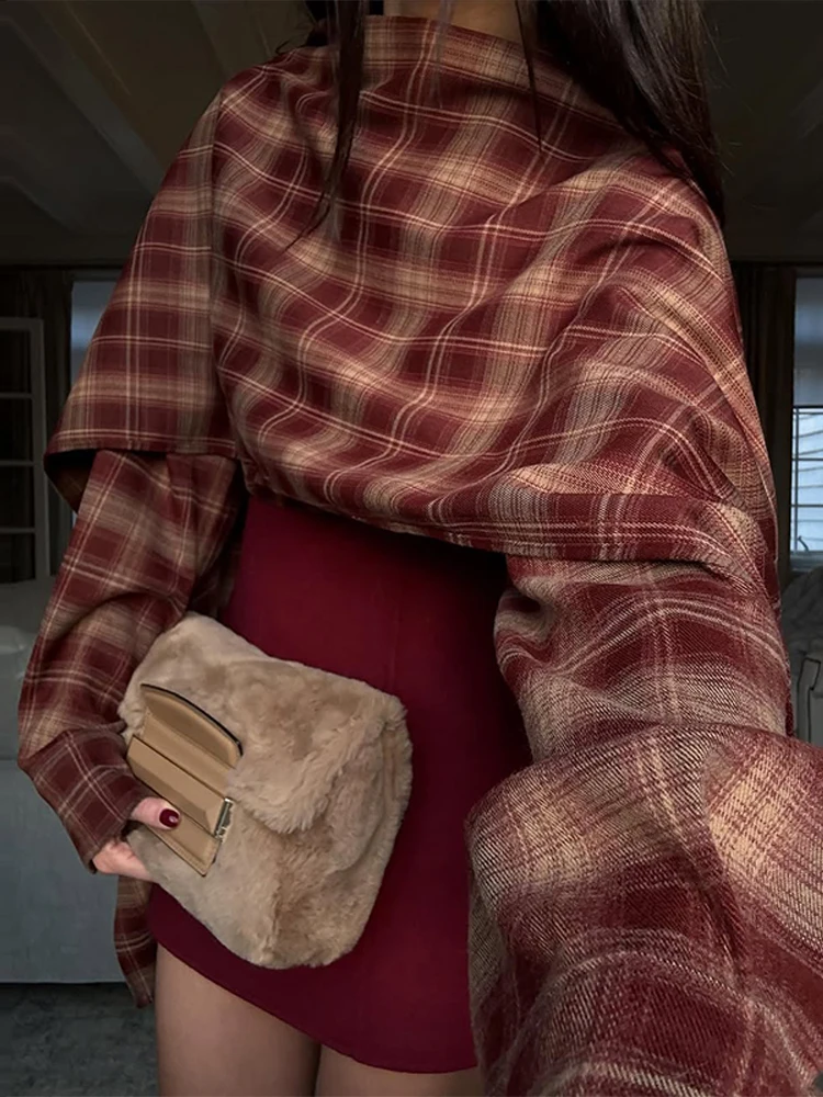 Moda cachecol gola xadrez jaqueta feminina casual manga cheia solta curto xale manto casacos 2026 senhora diariamente high street outerwear