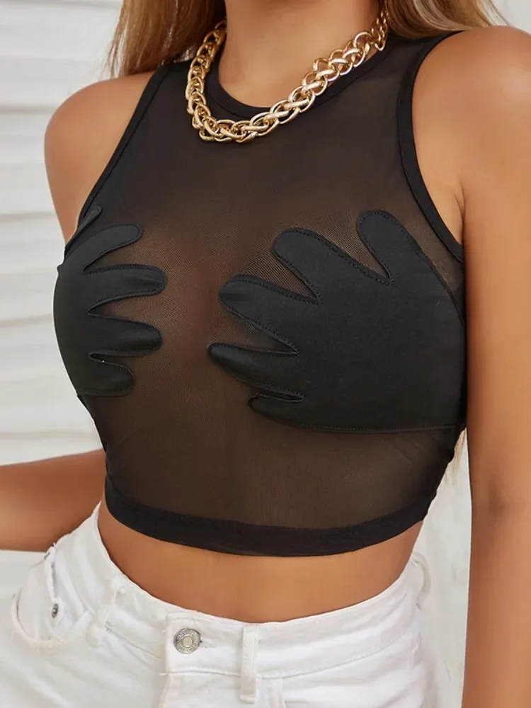 

See Through Mesh Tank Top Women Edgy Clothes Y2k Accessories Palm Decor Crop Tops Hot Club Outfits Ropa De Mujer Camison Verano