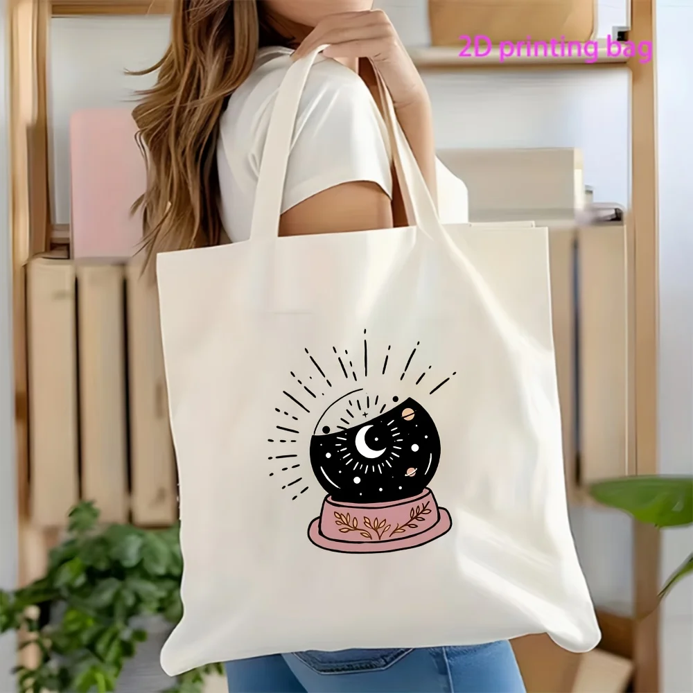 1 Moon and Stars Crystal Ball Themed Shopping Bag, Reusable Canvas Tote Bag with Witch Celestial Print, Perfect for Astrology Enthusiasts, a Gift for Those Who Love the Mysterious Style, Ideal for Halloween, Witch Events, Daily Groceries, Travel, and Everyday Use