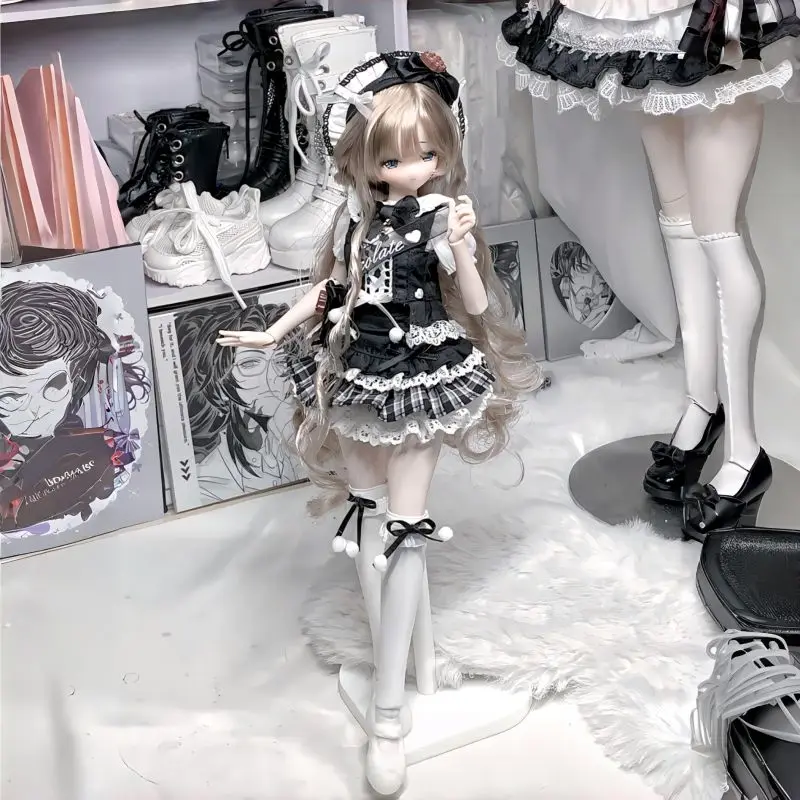 Kawaii Gothic Lolita Doll Clothes Suit for Ob22 Ob24 Doll, Black Plaid Lace Dress Cute Sweet Doll Dress Up Accessories, No Doll
