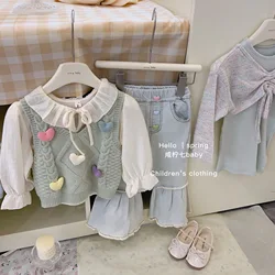 1-9Y Girls' spring set 2024 new children's spring and autumn Korean version vest shirt jeans girl baby spring children's wear