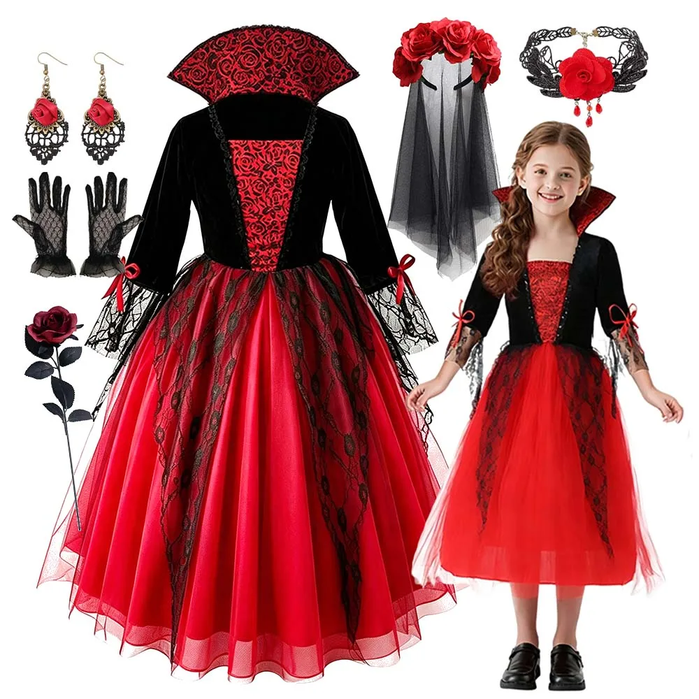 Kids Day Of The Dead Cosplay Outfit Black Red Gown Full Rose Accessories Set For Halloween Carnival Birthday Role Play