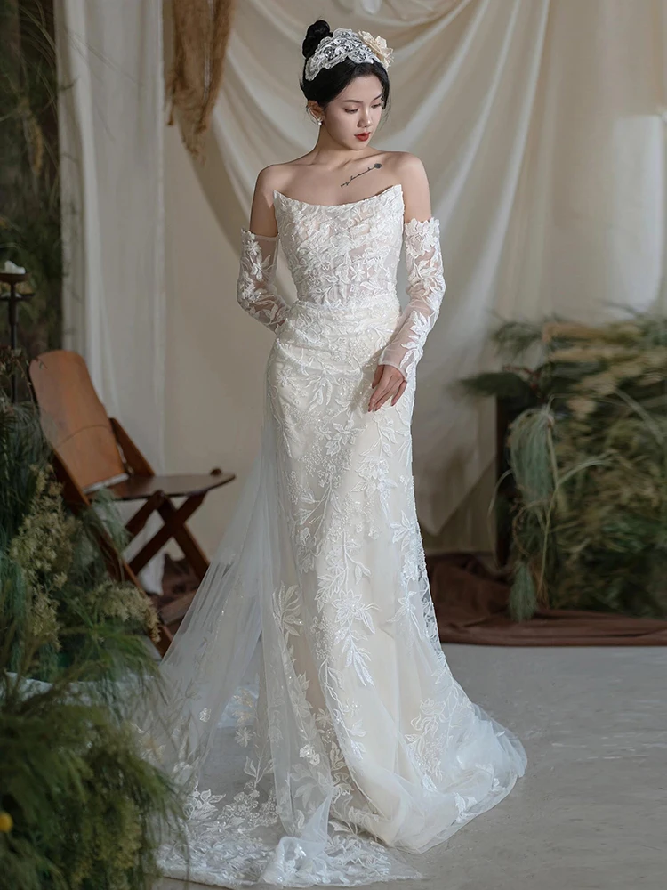 

Ele Korean Sle Lace Bridal Gown with Strapl Fi Tail Design for Engagement Parties Women's Special Ocn Dr