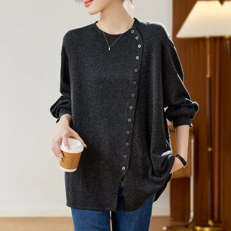 قميص نسائي حراري فضفاض، نسيج ناعم ودافئ، جذاب متوسط الطول، كاجوال بأكمام طويلة، طبقة أساسية لخريف وشتاء