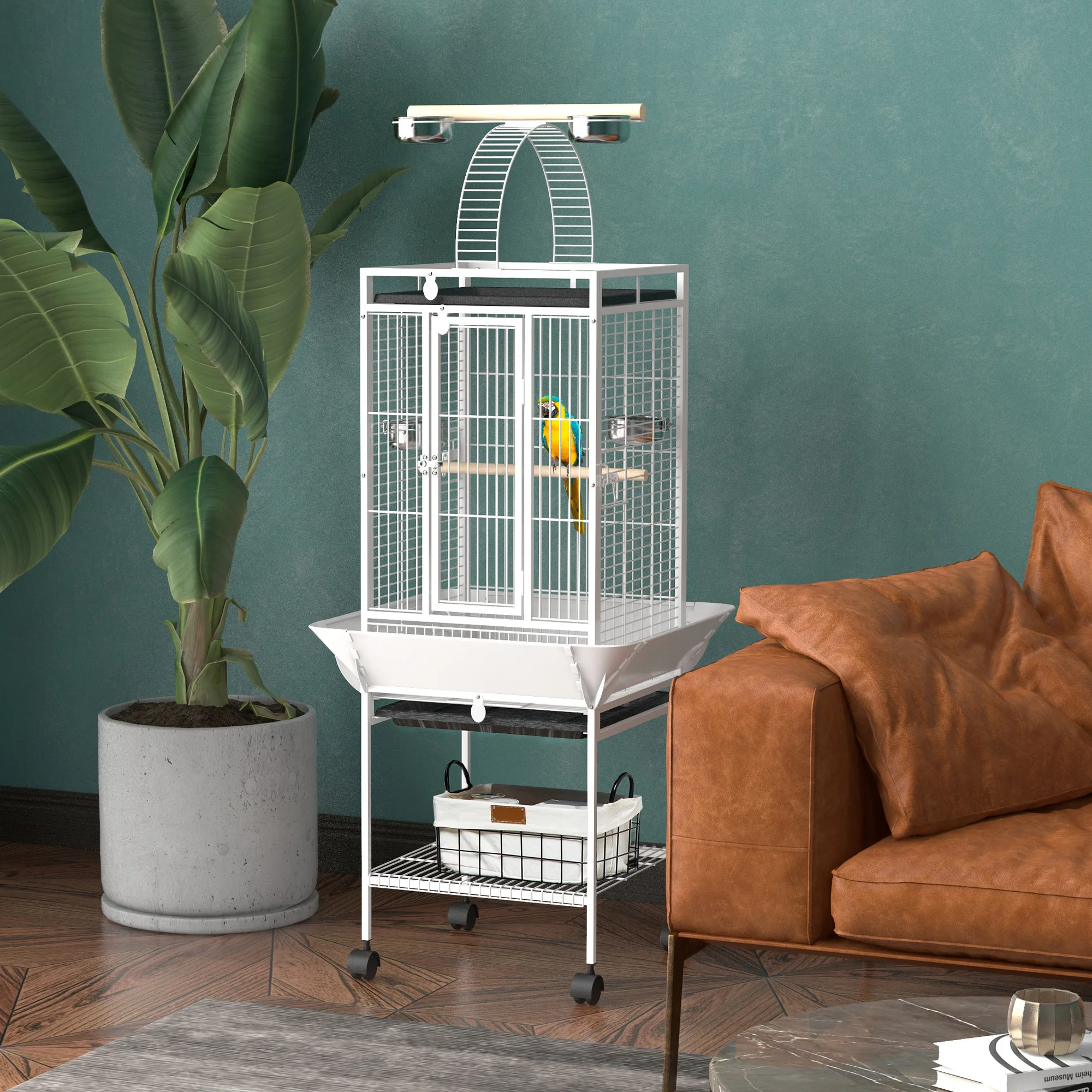 Pawhut Vogelkooi, Vogelkooi met Wielen, Papegaaistandaard, Uitschuifbare Lade, Speelruimte, Opbergplank, Houten Zitstok, Voerbak, 62.5X62.5X156 Cm, Wit