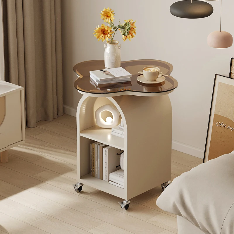 ‌Cream Mobile End Table with Wheels, Scratch-Resistant Glass Top & Storage Drawer for Bedroom/Living Room Narrow Space