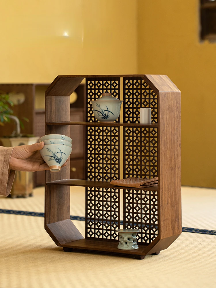 

Bamboo hollowed out antique frame, heavy bamboo Duobao Ge tea table storage rack, teapot and tea set storage cabinet,