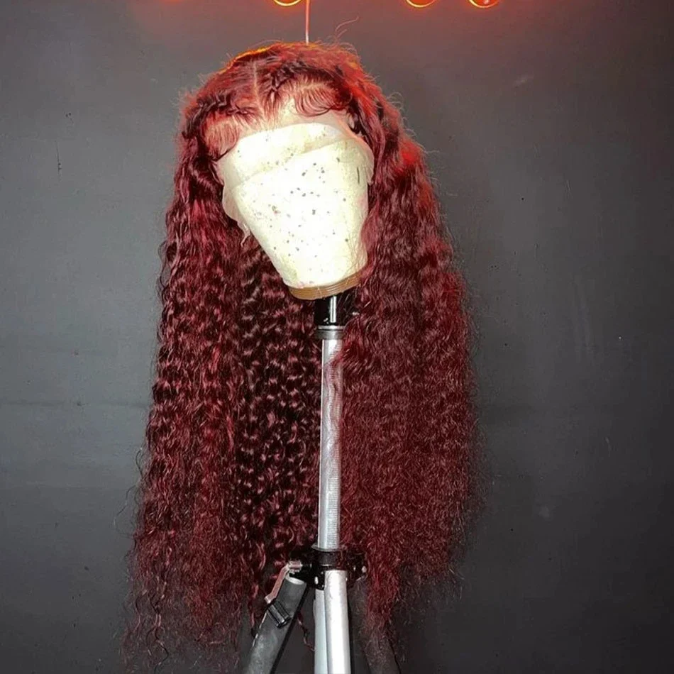 

Soft 26inch Long Kinky Curly Wine Red Glueless 180Density Deep Lace Front Wig For Women With Baby Hair Preplucked Daily