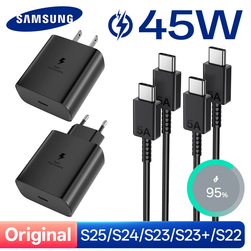 

Зарядное устройство Samsung 45 Вт 25 Вт USB Type C Super Fast Charge EU US Galaxy S25 S24 S23 A55 A52 A54 Z Flip Fold 5 4 PD Настенный адаптер питания