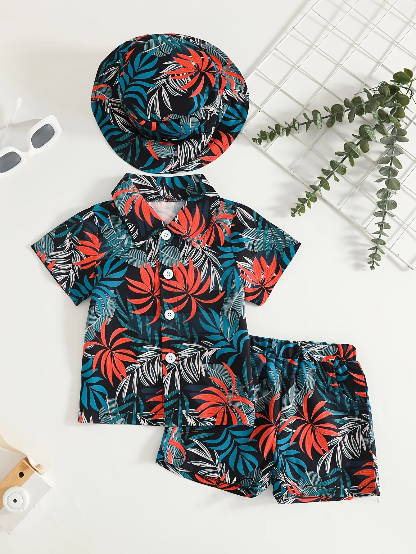 Baby Boy Summer 3PCS Tropical Print Shirt Shorts Hat Set Beach Vacation Outfit
