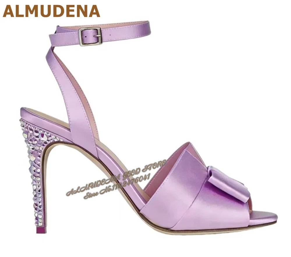 

ALMUDENA Crystal Bling Bling High Heel Mules Pink Purple Satin Butterfly-Knot Dress Shoes Slip-On Outside Modern Slippers