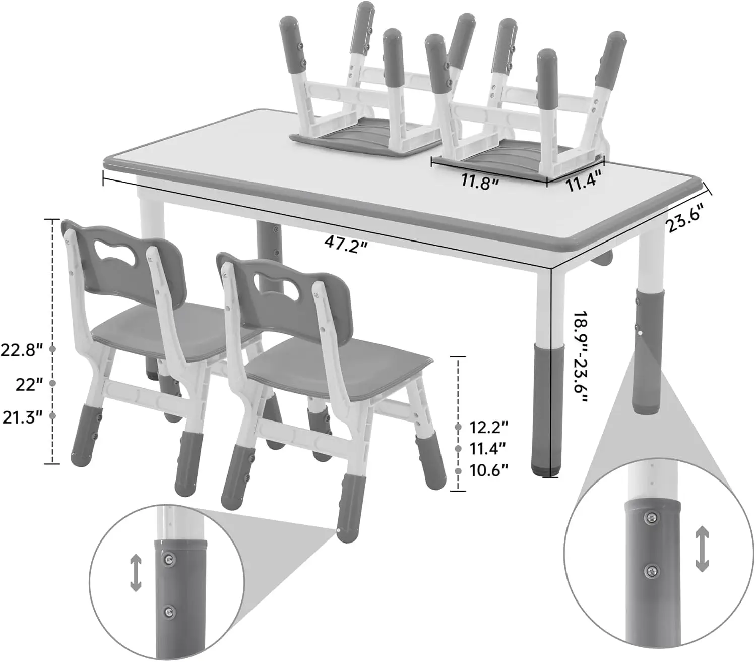 طقم طاولة وكراسي دراسة للأطفال، ارتفاع قابل للتعديل، سطح جرافيتي (رمادي)