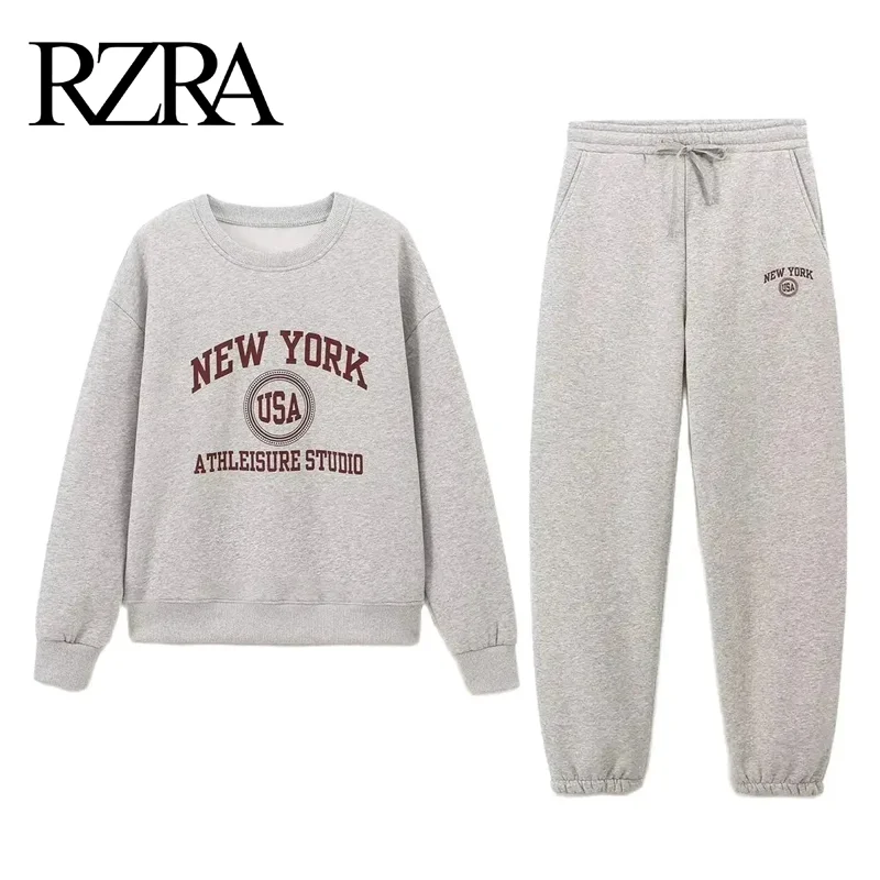 RZRA2024 new autumn and winter women's college style letter print sweatshirt elastic waist drawstring decorated loose trousers