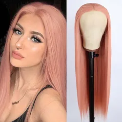 FANXITION Salmon Pink Long Silky Straight Wigs Synthetic Lace Front Wigs with Middle Part Natural Hairline Halloween Party Use