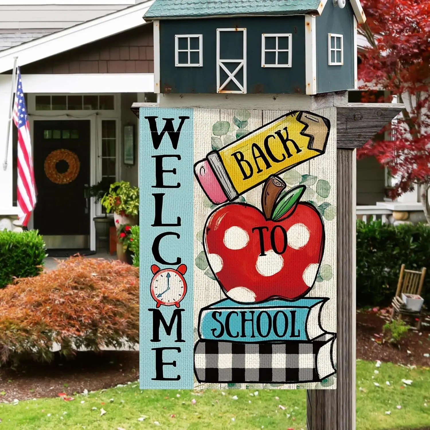 DLZDN العودة إلى المدرسة حديقة العلم أبل كتاب المدرسة اليوم الأول حديقة العلم 12x18 بوصة عمودي مزدوج الوجهين ريفي ترحيب بعيدا FFI