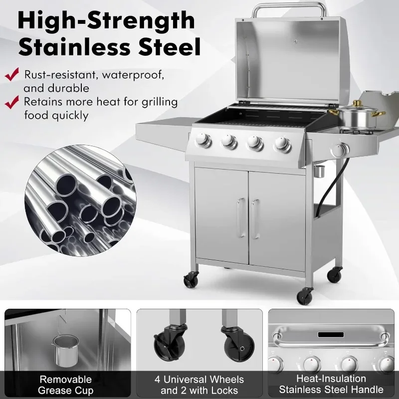 Propane Gas Grill 50,000 BTU, 4 Main Burners, 1 Side Burner, 2 Prep Tables, Stainless Steel Heavy-Duty BBQ Grill with 4